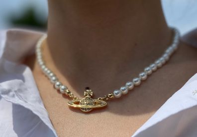 Saturn Pearl Necklace, Pearl Necklace,Gold and Silver color
