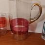 Fabulous Vintage Retro Mid-Century-Modern Hand Blown Tall Glass Pitcher with Three Matching Glasses in Clear Glass with Red Banding and Gold Gilt Banding and Cut Glass Star Pattern - Perfect for Summer Cocktails! Image 2