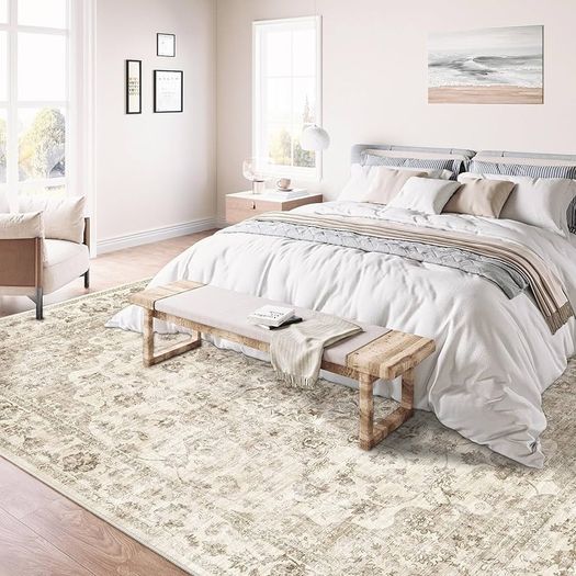 Vintage Rugs Living Room Beige Large Area Rug 200x300cm Non Slip Washable Hall Lounge Bedroom Kitchen Office Dining Room Indoor Carpet Low Pile Big Carpets