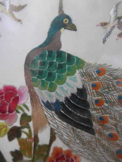 Antique Early 20c Chinese Silk Embroidery Birds Panel Framed - 23"x14"