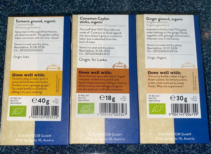 Turmeric ginger Ceylon cinnamon organic powder superfood set