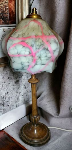 Antique hand carved wooden lamp with rare pink mottled glass shade