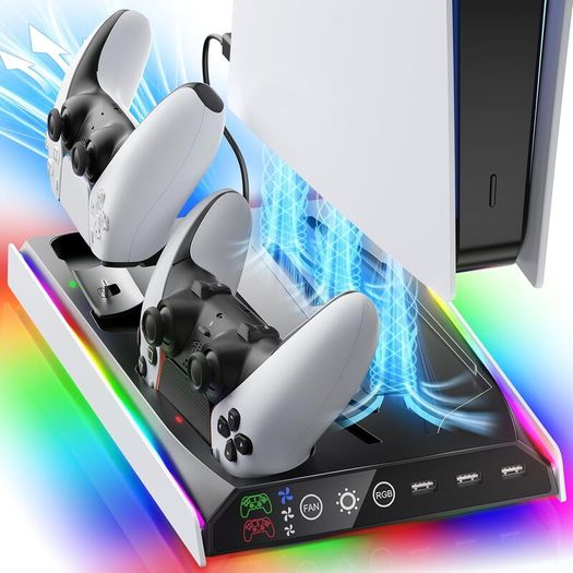 PS5/Slim/Pro Stand with Adjustable Cooling Fan, Vertical PS5 Cooling Charger Stand for PS5/Slim/Pro, Multifunctional PS5 Slim Cooling Station with Dual Controller Chargers and RGB Light