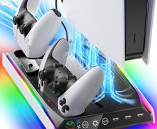 PS5/Slim/Pro Stand with Adjustable Cooling Fan, Vertical PS5 Cooling Charger Stand for PS5/Slim/Pro, Multifunctional PS5 Slim Cooling Station with Dual Controller Chargers and RGB Light