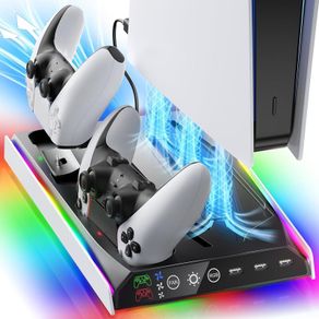 PS5/Slim/Pro Stand with Adjustable Cooling Fan, Vertical PS5 Cooling Charger Stand for PS5/Slim/Pro, Multifunctional PS5 Slim Cooling Station with Dual Controller Chargers and RGB Light