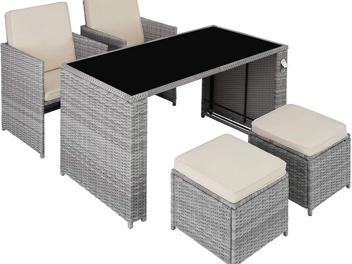 Rattan 5-Piece Garden Furniture Set with Dining Table, Armchair and Stool, for up to 4 People, Dining Set for Garden and Balcony, Includes Cushions, Various Colours