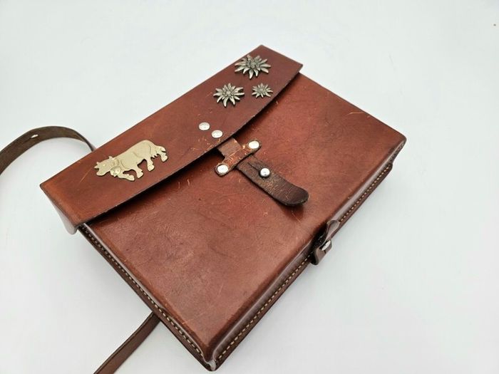 Original Swiss Army Issued Officier Leather Bag Collectable with Swiss Decorations