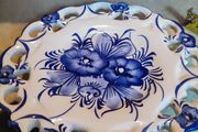 Vintage HANGING White and Blue Ceramic Plate w Cutouts &amp; Flower Design Made in Portugal