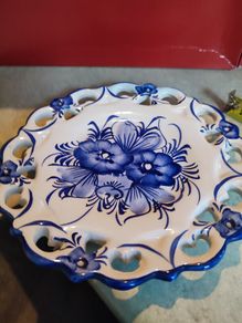 Vintage HANGING White and Blue Ceramic Plate w Cutouts & Flower Design Made in Portugal