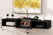 Floating TV Stand Wall Mounted,Wood TV Cabinet Media Console Shelf,Floating TV Unit for Under TV Storage for Living Room Bedroom Office,Black