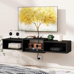 Floating TV Stand Wall Mounted,Wood TV Cabinet Media Console Shelf,Floating TV Unit for Under TV Storage for Living Room Bedroom Office,Black