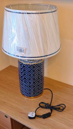 Large Ceramic Forino Blue Glazed Patterned Table Lamp with Shade