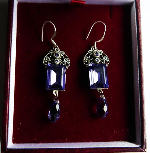 Vintage Sterling Silver 925 Dainty Violet Crystal and Silver Earrings 8,8g