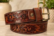 Unisex Genuine Leather Tooled Belt Vintage Floral Western Leather Belt