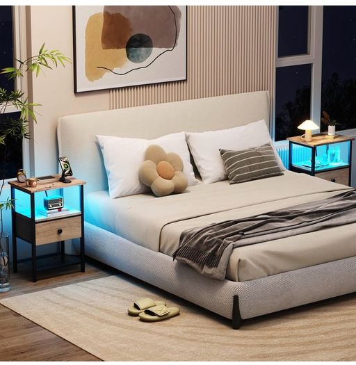 Bedside Table with Charging Station, Small Sofa Side Table with LED Light