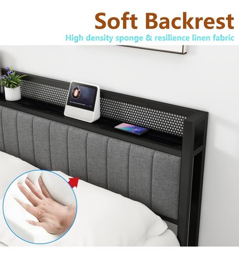 King Size Bed Frame with Storage and Headboard Shelf
