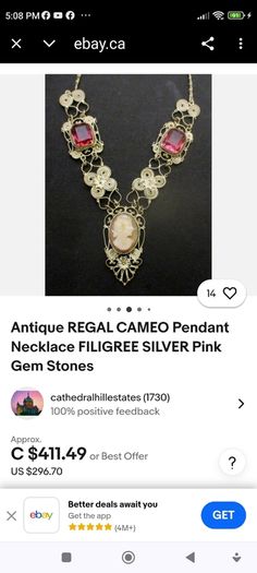 Vintage filigree Cameo shell pendant necklace