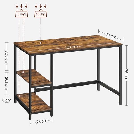 Desk Computer Desk PC Desk Office Table with 2 Shelves on Right or Left Side for Office Living Room Steel Frame Industrial Design Vintage Brown/Black