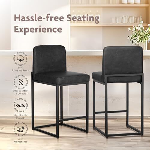 24 Bar Stools Set of 2 Breakfast Chair Pu Leather Kitchen Stools with Backs Bar Stool with Footrest for Kitchen Counter Sturdy Metal Steel Frame, Black