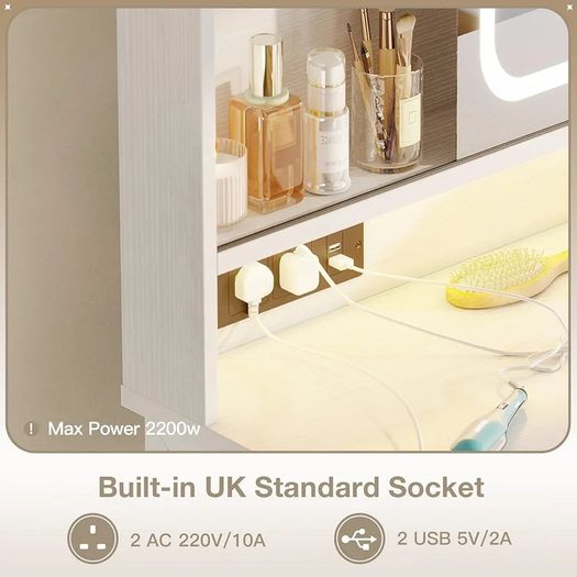 Dressing Table with Adjustable LED Mirror & Built-in USB Power Outlets & RGB Light Strip, Vanity Desk with 5 Fabric Drawers & 3-Layer Shelves, White Makeup Desk 90/40/139cm