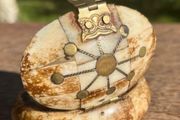 Rare Vintage Camel Bone Trinket Box with Exquisite Brass Inlay and Owl Closure