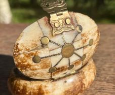 Rare Vintage Camel Bone Trinket Box with Exquisite Brass Inlay and Owl Closure