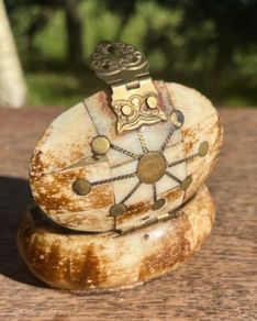 Rare Vintage Camel Bone Trinket Box with Exquisite Brass Inlay and Owl Closure
