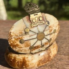 Rare Vintage Camel Bone Trinket Box with Exquisite Brass Inlay and Owl Closure