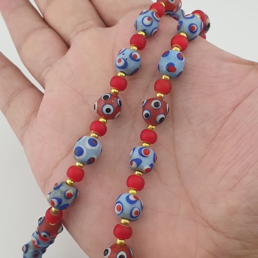 Antique Venetian Style Blue Skunk Eyes & Red Venetian WhiteHeart Glass Beads Necklace