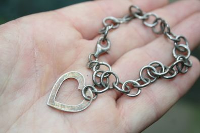 Vintage 925 Sterling Silver Open Heart Clasp Link Chain Bracelet 8,4"