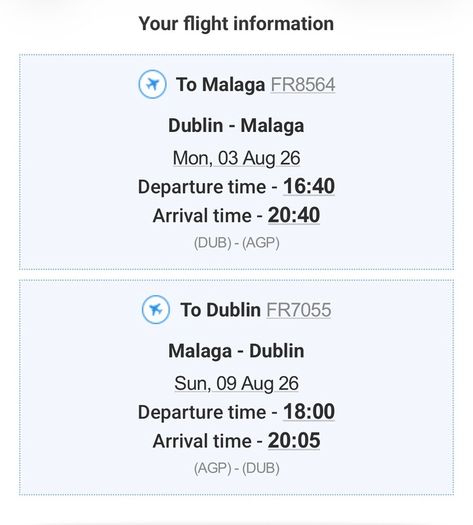 1 Return Ticket Dub - Malaga - 03 Aug - 09 Aug