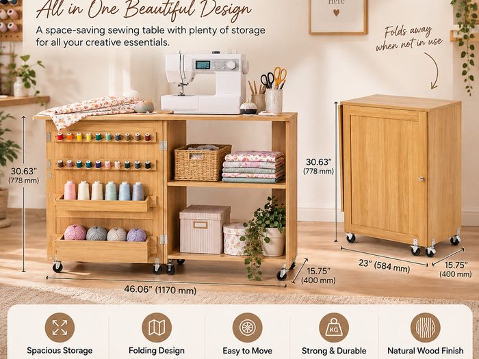 Folding Sewing Machine Table with Storage, 20 Thread Pegs & Wheels