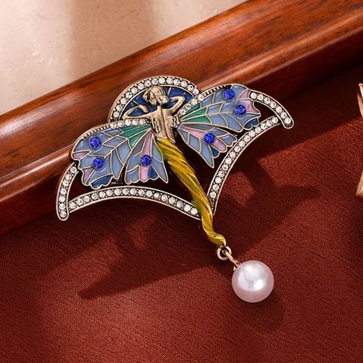 Art Nouveau Style Lady Wings Fairy Pearl Brooch