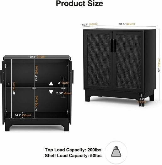 Black Sideboard for Living Room Rattan Buffet Storage Cabinets with Adjustable Shelves, Magnetic Closure, Accent Cabinet Cupboard for Kitchen Hallway Dining Room Furniture 80 x 40 x 89 cm