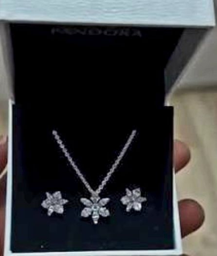 Pandora Sparkling Herbarium Cluster Necklace and Matching Earrings Set