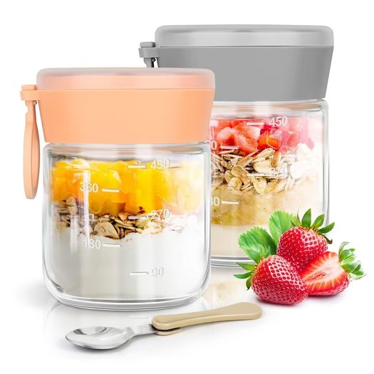 Brand New Overnight Oats Jars 2-Pack 450ml with Folding Spoon Meal Prep Lids.