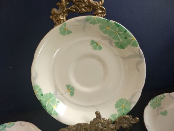 Lovely Set of Six Vintage English Bone China Hand Painted Saucers, (For Use as Petit Fours Plates), with Green Flowers on a Creamy Yellow Base Glaze.