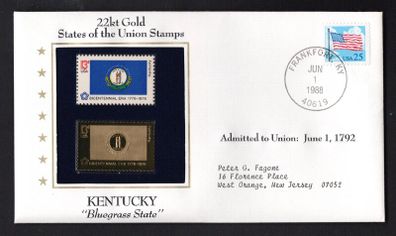 1988 USA Kentucky "Bluegrass State" 22kt Gold Replica of the 1976 United States Flag Stamps showing 25c US flag definitive tied Frankfort, Kentucky (state capital) illustrated cover