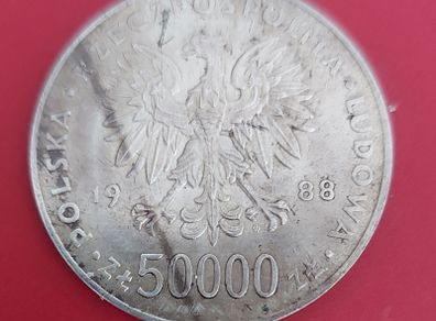 POLAND 1988 50,000 zlotys Silver coin in extremley fine condition