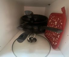 Pots, pans, glasses, silverware, cutting boards, bowls, plates, etc.