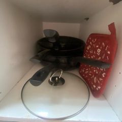 Pots, pans, glasses, silverware, cutting boards, bowls, plates, etc.