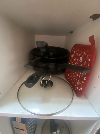 Pots, pans, glasses, silverware, cutting boards, bowls, plates, etc.