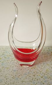 Vintage Murano Art Glass Basket Vase Red And Clear Glass.