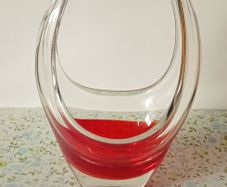 Vintage Murano Art Glass Basket Vase Red And Clear Glass.