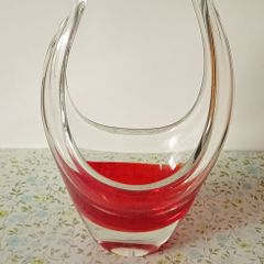 Vintage Murano Art Glass Basket Vase Red And Clear Glass.