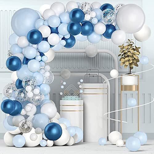 Blue Balloons Garland Arch Kit - 104Pcs Blue White Silver Balloon Arch Kit with Confetti Balloons for Boys Birthday Party, Baby Shower, Wedding, Christening, Graduation, Communion Decorations For Boys