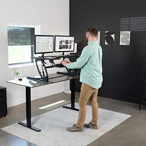 107cm Height Adjustable Stand Up Desk Converter, V Series, Quick Sit to Stand Tabletop Dual Monitor Riser Workstation, Black