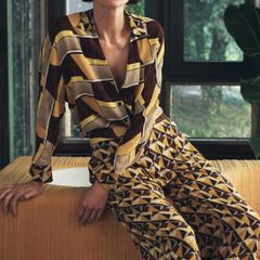 Zara Yellow and Brown Geometric Print Shirt and Trousers Co Ord