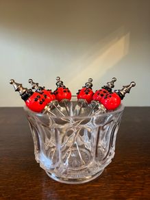Vintage Ladybird Cocktail Picks in Glass Holder