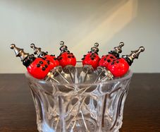Vintage Ladybird Cocktail Picks in Glass Holder